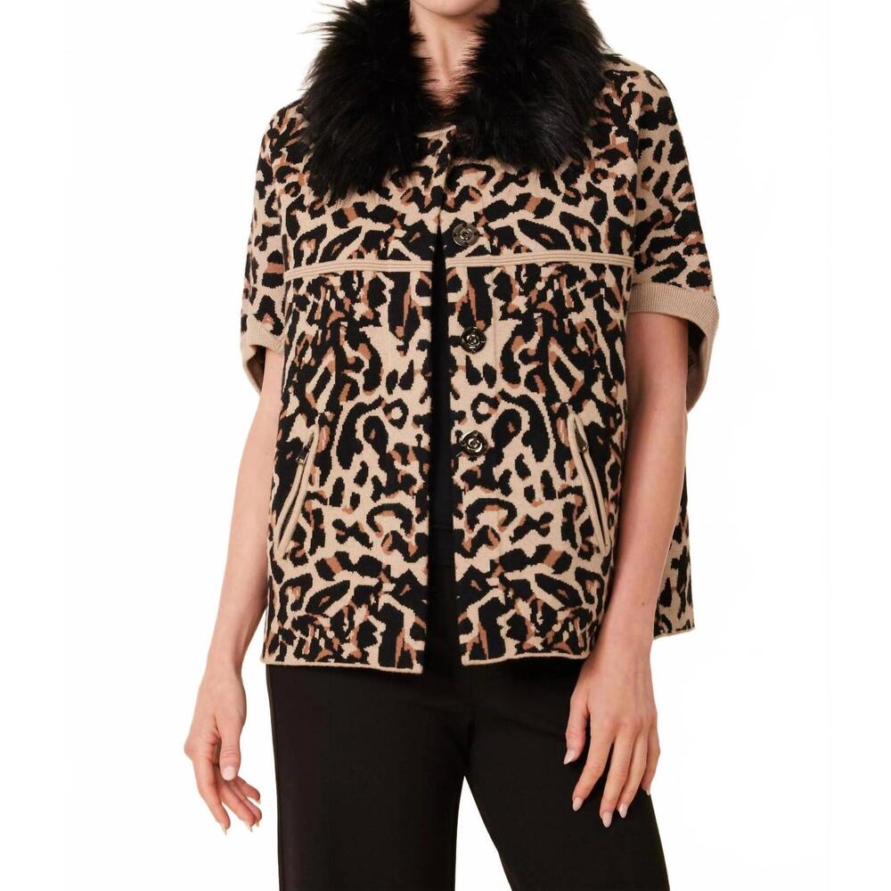NEW DOLCE CABO faux fur collar short sleeve cardigan in black/leopard